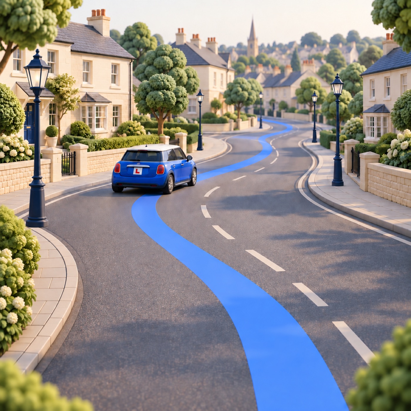 Illustration of a learner car following a navigation path along a British residential street